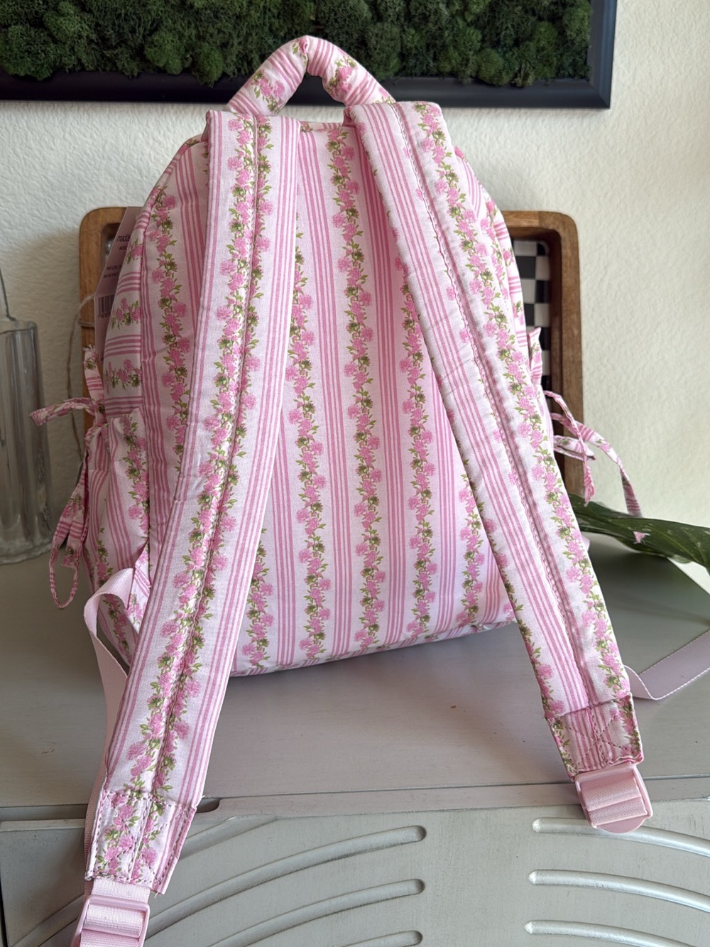 Steve Madden Pink Floral Stripe Backpack with Matching Pouch - Picture 2 of 3